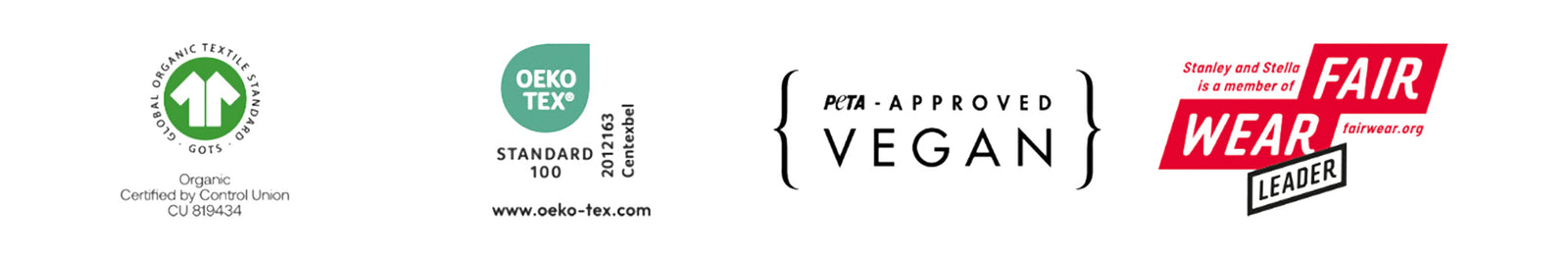 GOTS, Oeko-Tex, PETA Approved Vegan, Fair Wear