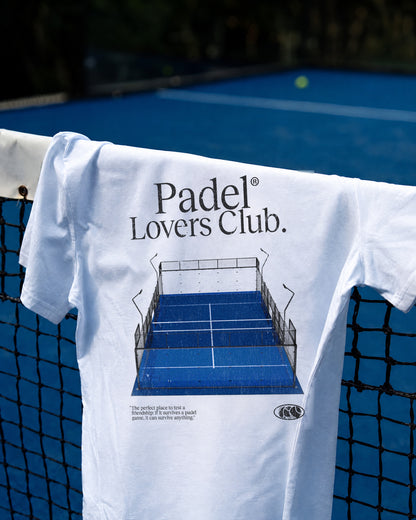 T-shirt padel Court Design bleu, porté – Padel Lovers Club