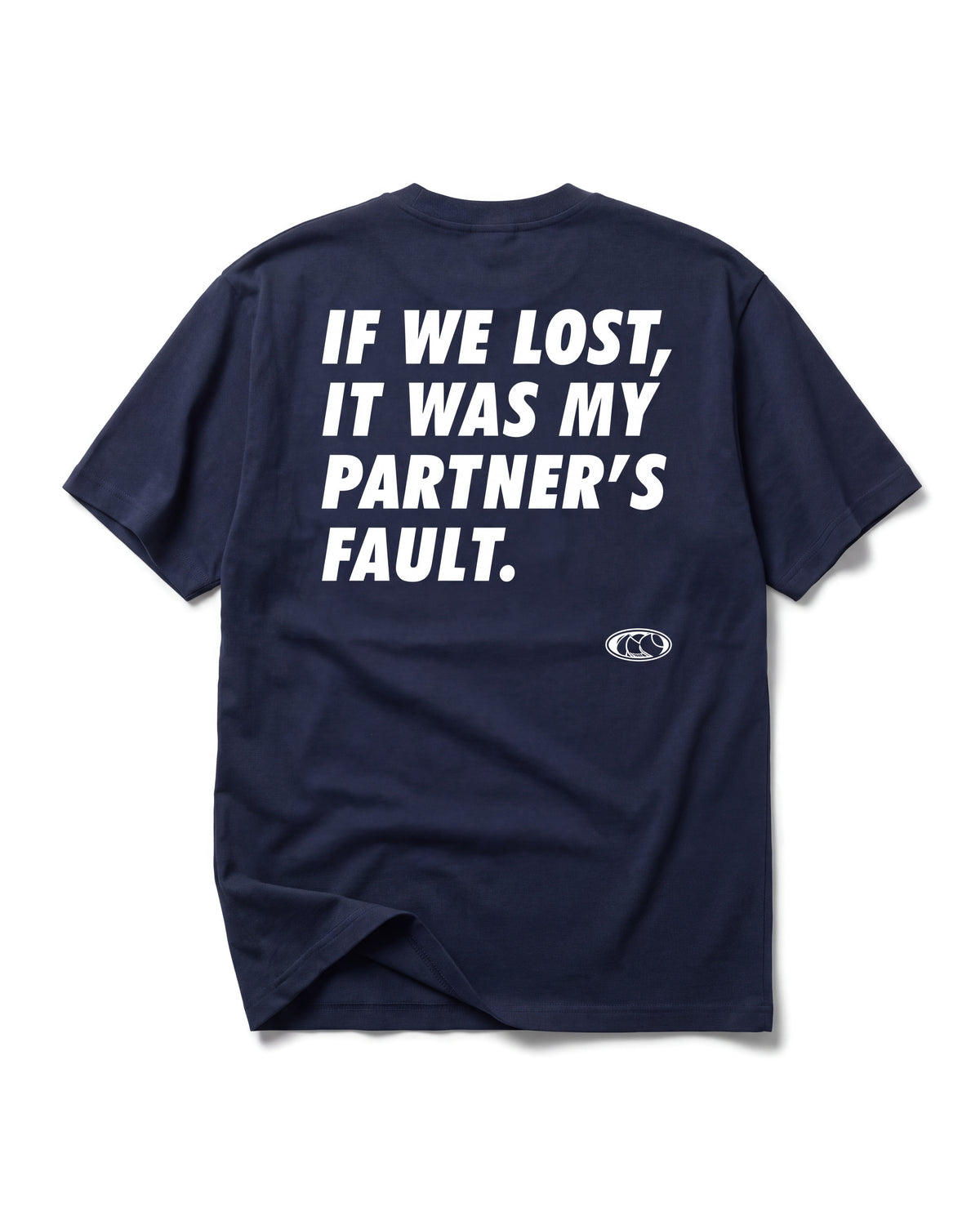 T-shirt padel Partner's Fault bleu marine, vue de dos – Padel Lovers Club